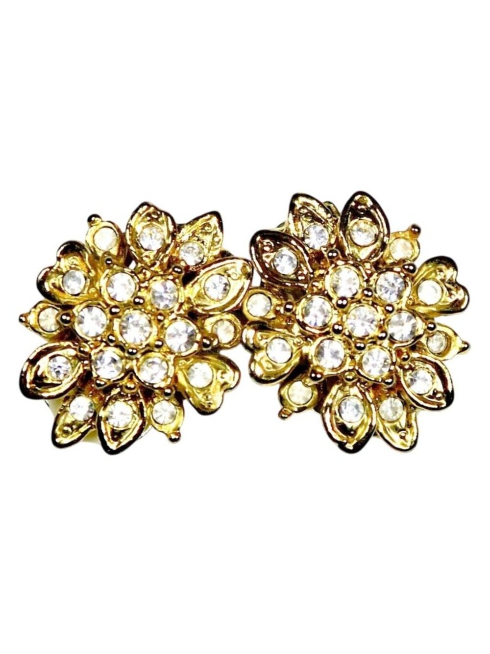1960s-70s Gold-Tone Floral Rhinestone Clip-On Earrings Statement Jewelry